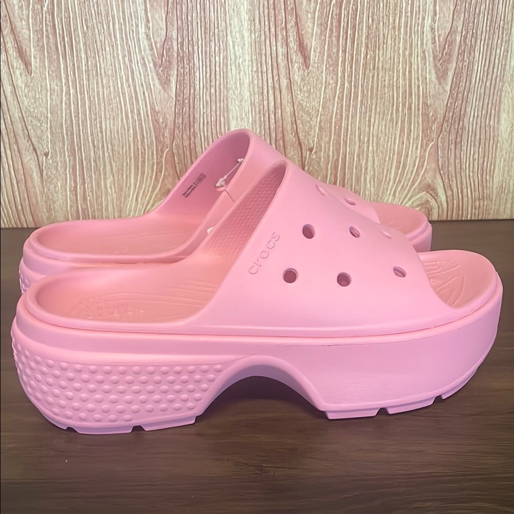 New Women’s CROCS Pink Stomp Slide Platform Sandals - Picture 8 of 9